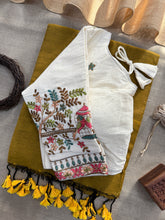 Golden Handloom Cotton Saree With Embrodery Work Redy Made Blouse